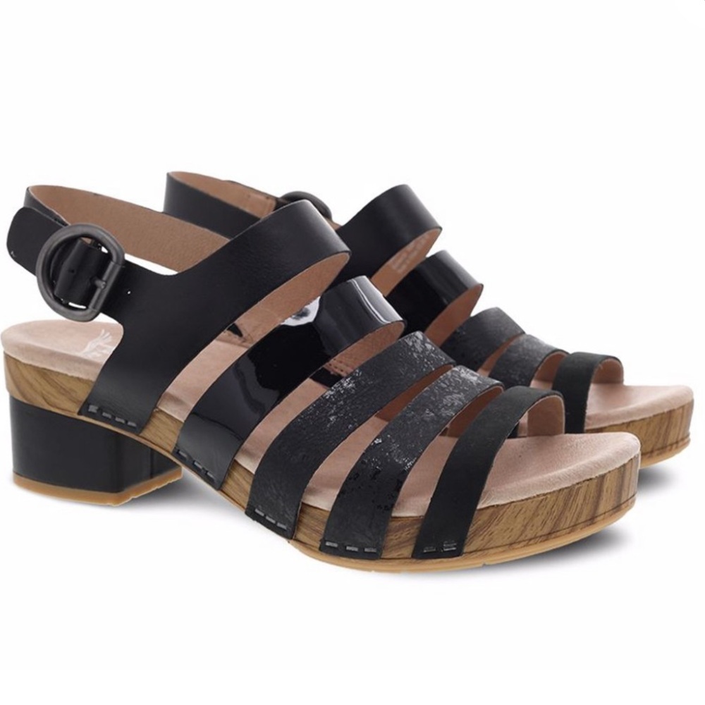Dansko Black Strappy Wood-Effect Block Heel Sandals